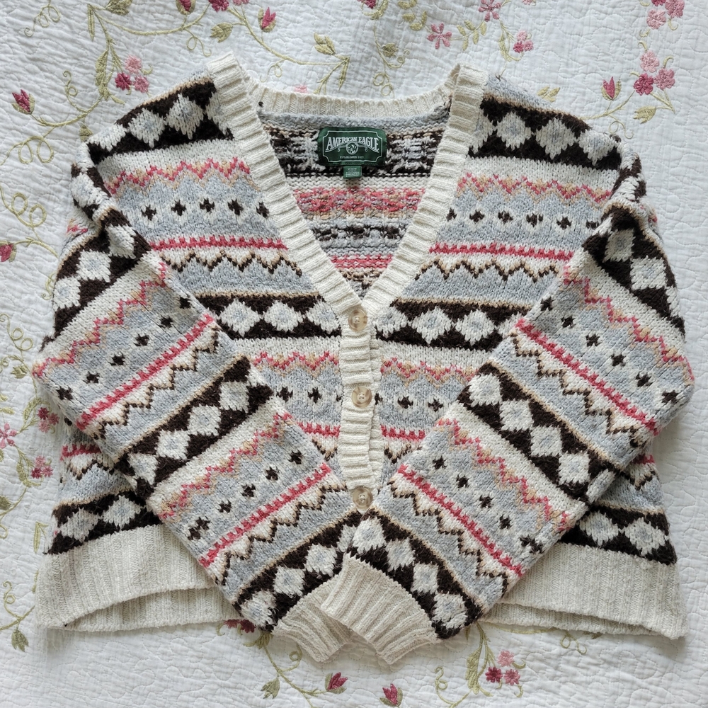 American Eagle Outfitters Women's Patterned Cardigan - Cream, Brown, Pink
